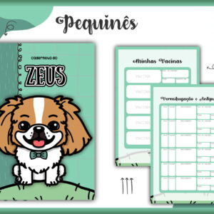 Caderneta de saúde digital para pet com ilustrações de cachorro e páginas de vacinação.