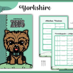 Arte digital de caderneta de saúde pet com ilustração de cão Yorkshire.