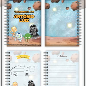 Caderneta digital com tema espacial, apresentando personagens de ficção científica e páginas de identificação e anotações.