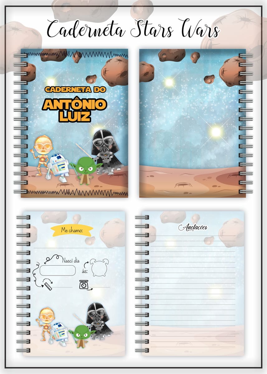 Caderneta de Vacinação Star Wars em PDF para Imprimir 1 Caderneta digital com tema espacial, apresentando personagens de ficção científica e páginas de identificação e anotações.