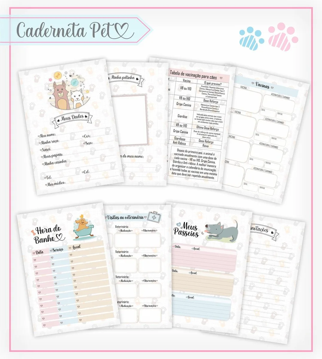 Várias páginas de um caderno infantil para controle de saúde de animais domésticos.