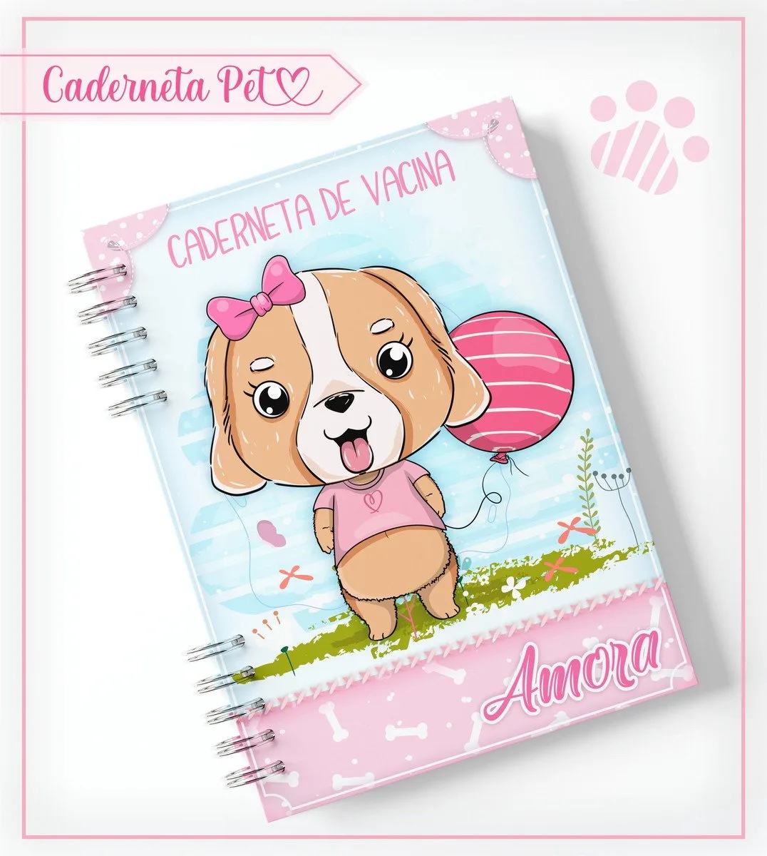 Caderneta de vacinação infantil com desenho de cachorrinha fofa e balão rosa.