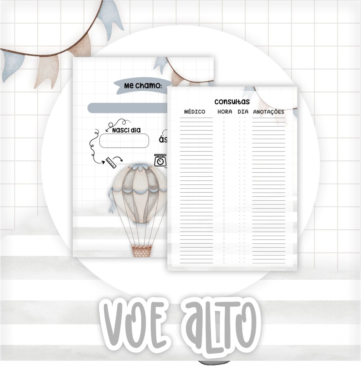 Caderneta de Vacinação Personalizada Voa Alto em Aquarela 3 Páginas digitais de diário de bebê com tema de balão e campos para dados e consultas.