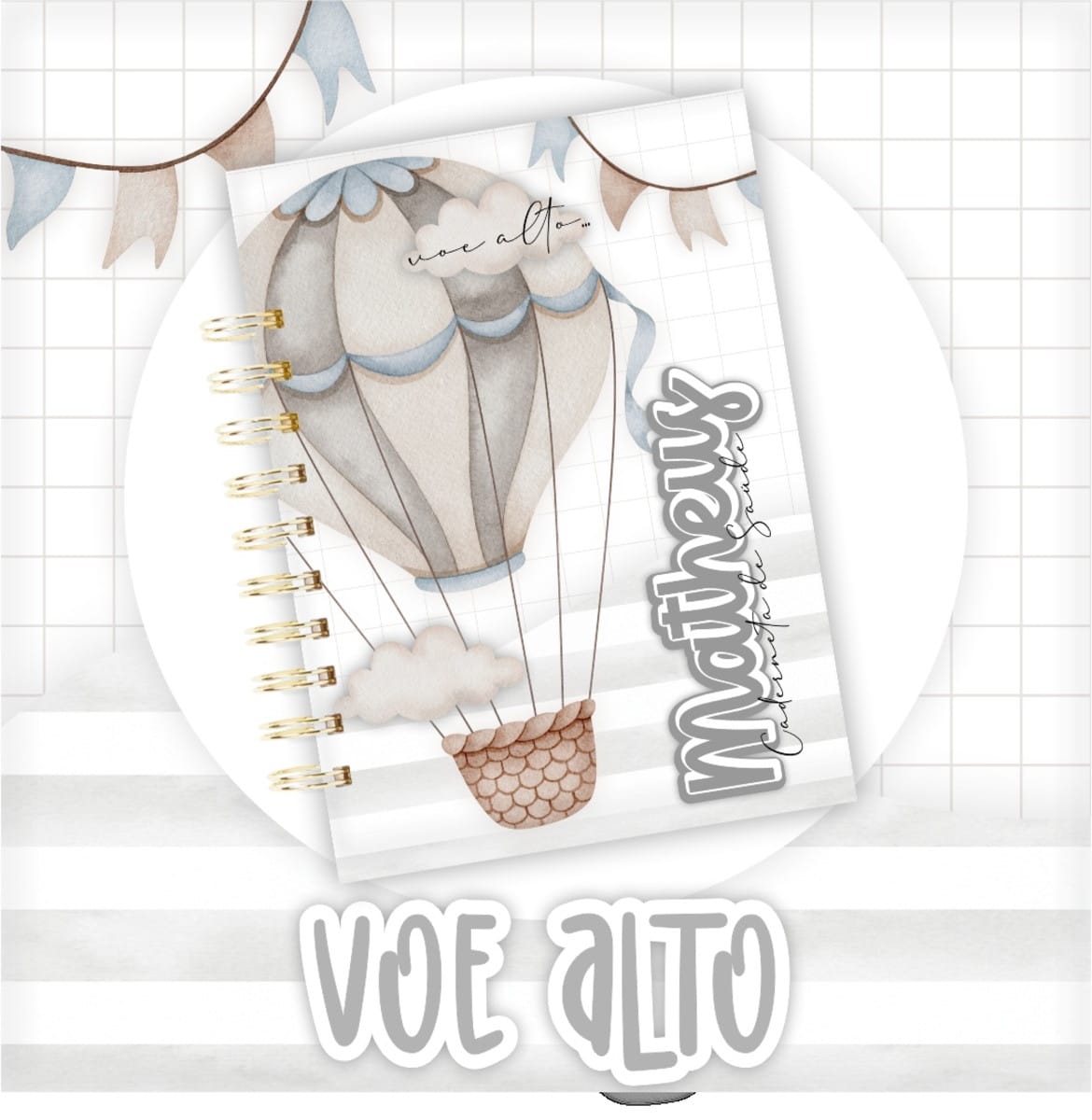 Caderneta de Vacinação Personalizada Voa Alto em Aquarela 1 Caderneta espiral com capa de balão de ar quente em tons neutros e nuvens.