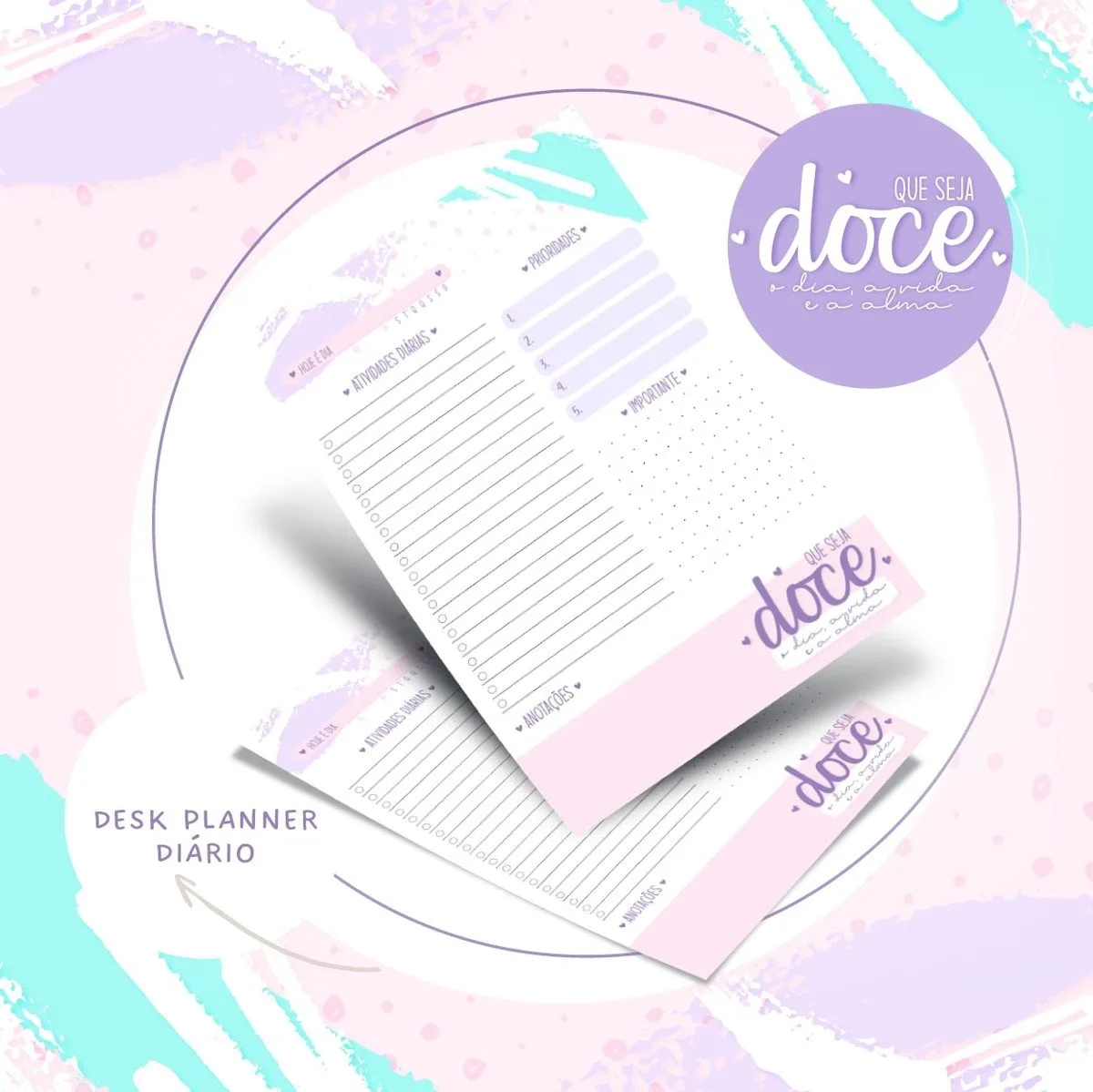 Design digital de um organizador diário com tons pastéis e frases motivacionais suaves.
