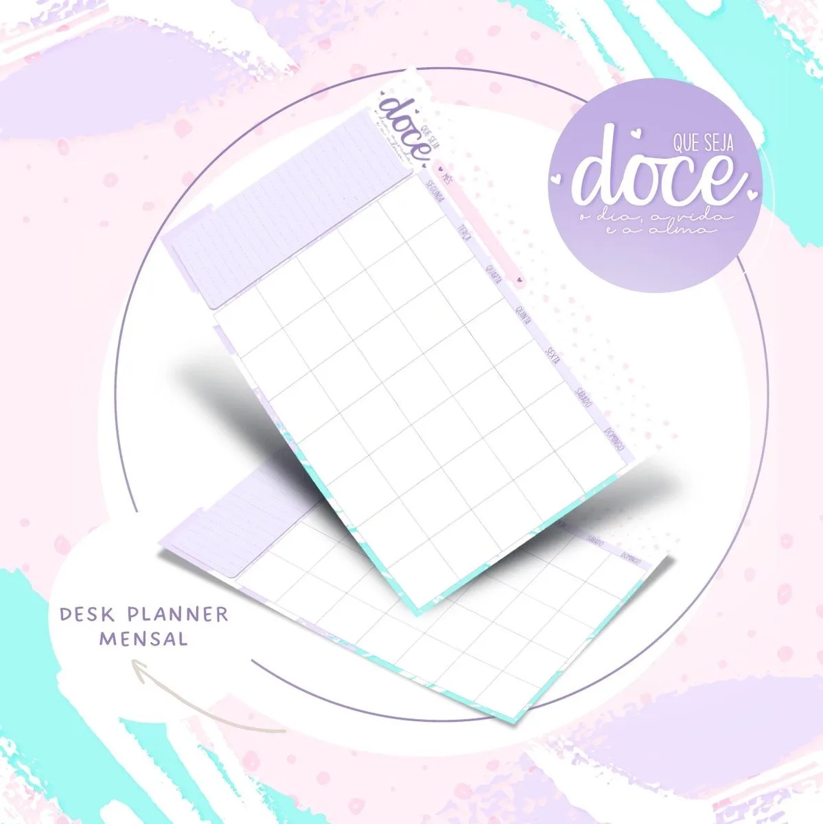 Planejador mensal com colunas para dias da semana sobre fundo colorido com texturas.