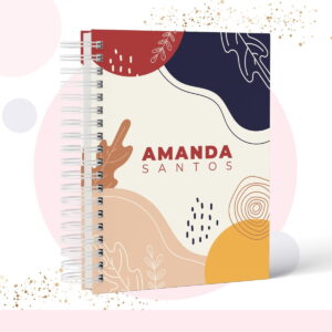 Arte digital de capa de caderno com design abstrato e elementos orgânicos coloridos.