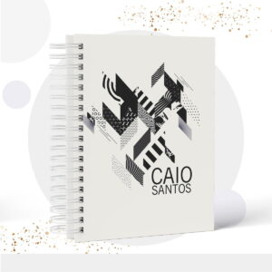 Notebook digital com capa de design geométrico abstrato em preto e branco.