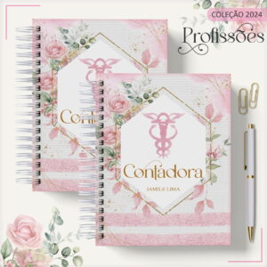Arte digital de capa de agenda com tema Contadora, design floral rosa e dourado.