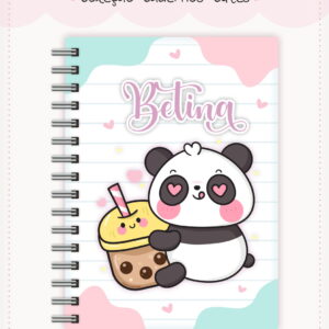 Arte digital de capa de caderno fofo com panda e bubble tea.
