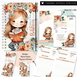 Caderno de estudos bíblicos com ilustrações de menina e flores em tom pastel