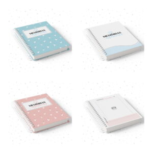 Quatro cadernos digitais em espiral, dois azuis, um rosa e um com página interna.