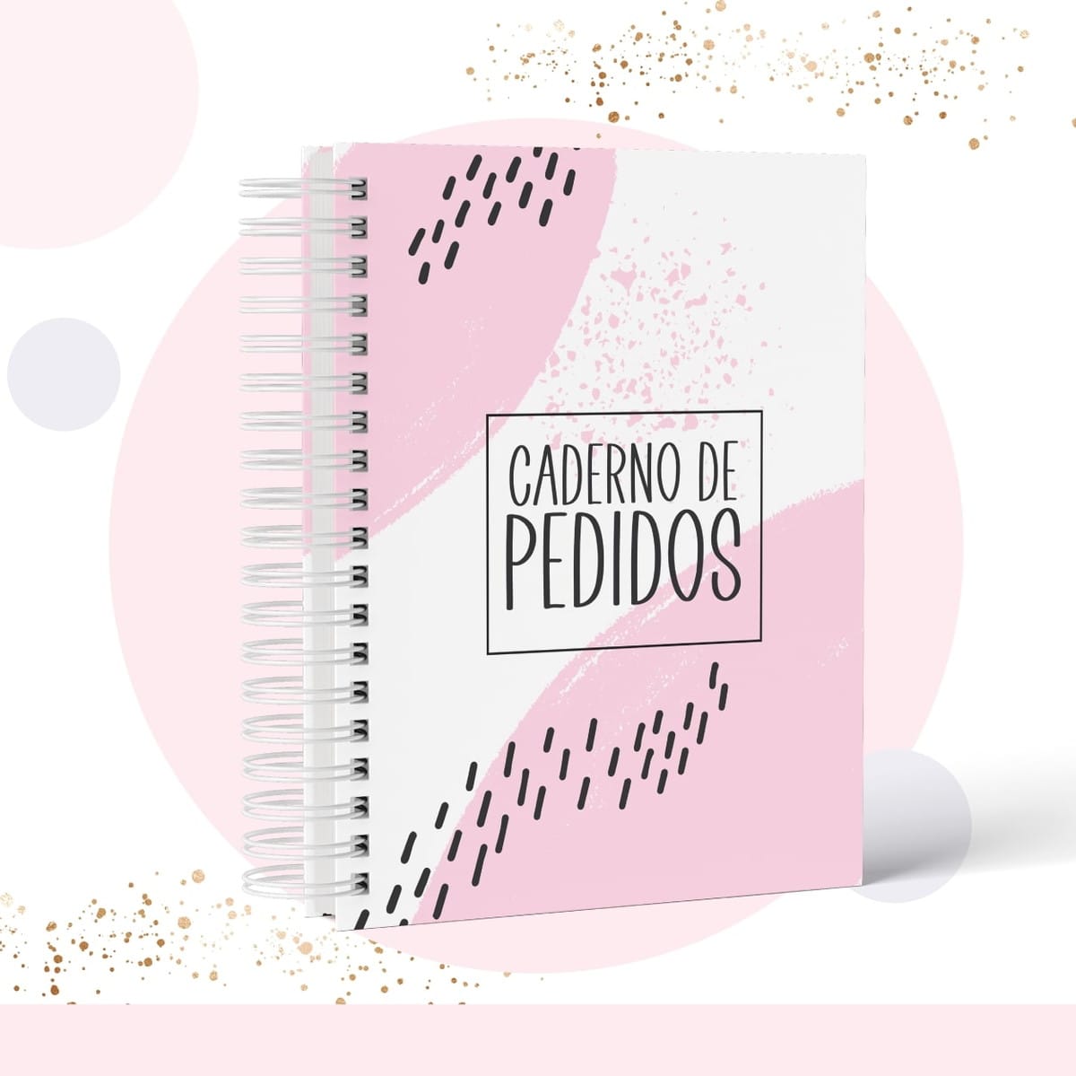 Caderno de Pedidos Festa Infantil Digital Fem e Masc 2 Caderno espiral com capa rosa e branca com texto escrito caderno de pedidos.
