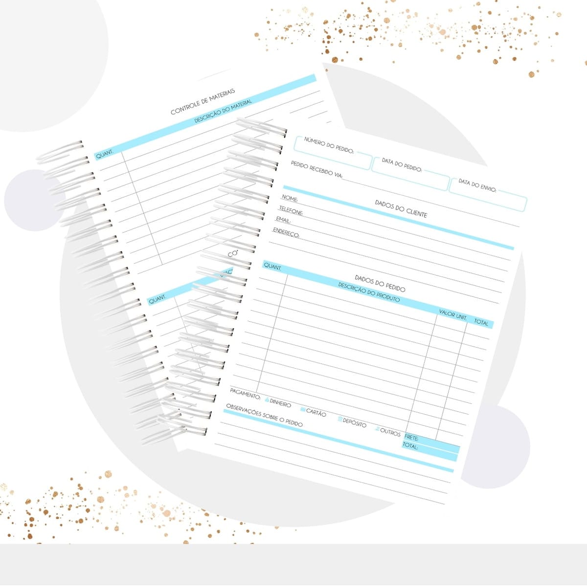 Caderno de Pedidos Festa Infantil Digital Fem e Masc 5 Páginas de planner digital para controle de pedidos e materiais, com design em azul e branco.