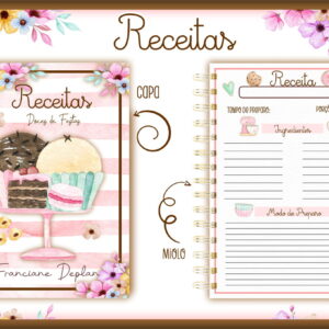 Arte digital de caderno de receitas com capa de doces e página interna para anotações.