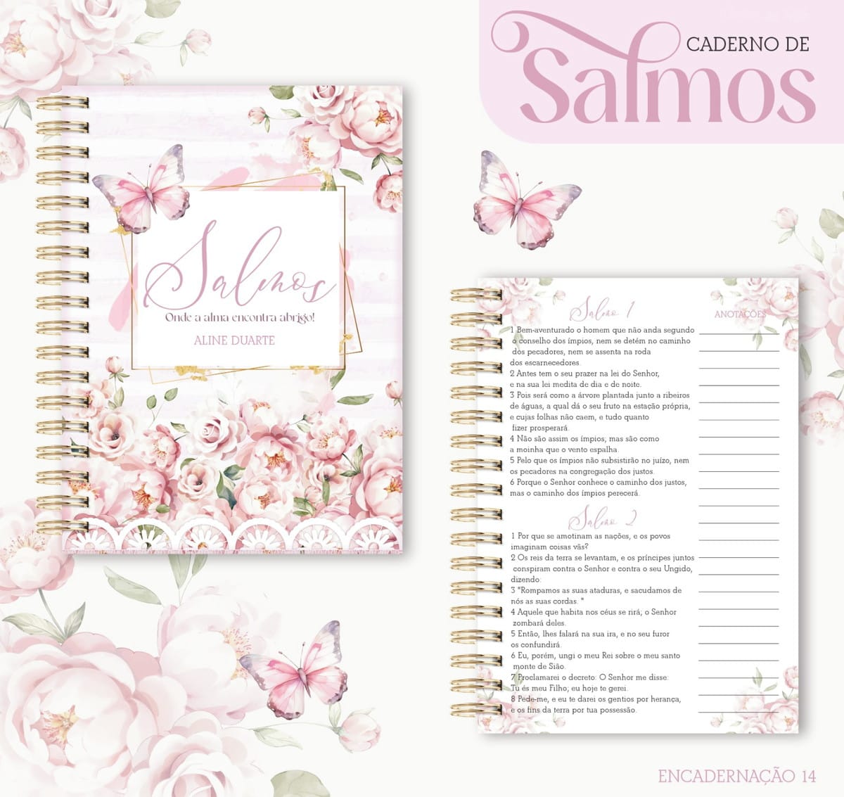 Caderno de Salmos para Imprimir Kit Digital Completo 2 Caderno de capa rosa decorada com flores e borboletas com espiral dourada.