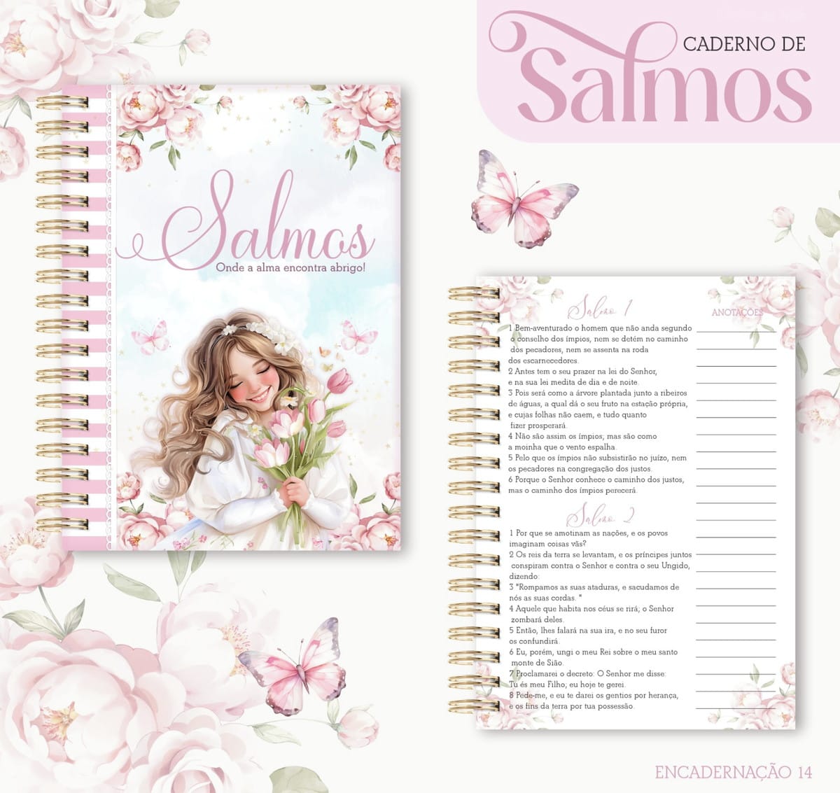 Caderno de Salmos para Imprimir Kit Digital Completo 1 Caderno de salmos espiralado ilustrado com menina segurando tulipas cor de rosa.