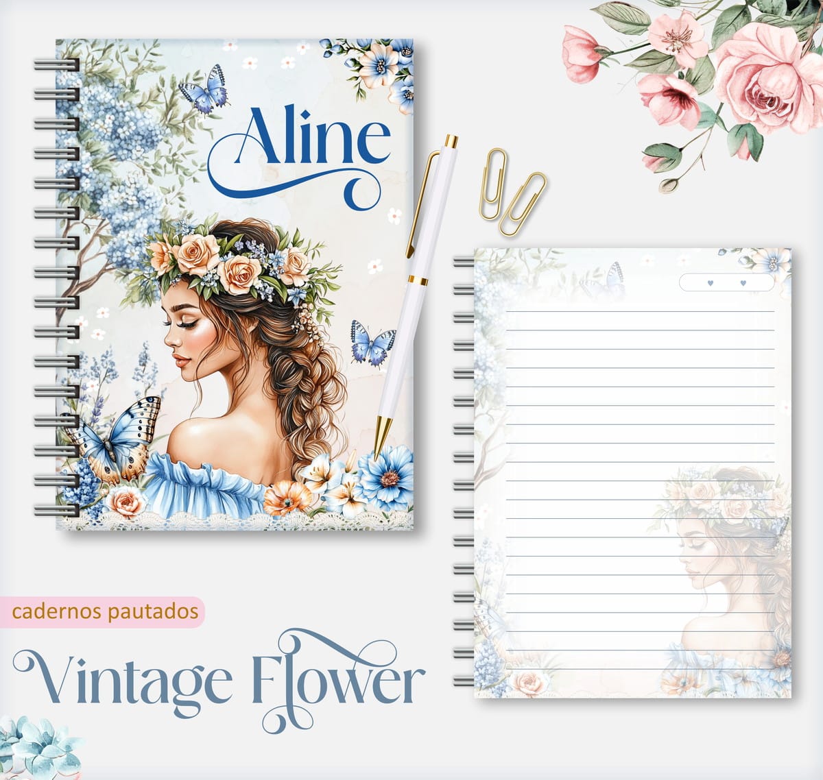 Caderno Digital Pautado Vintage para Encadernação 1 Caderno Pautado Vintage Flower 05 Arquivos Encadernacao 1