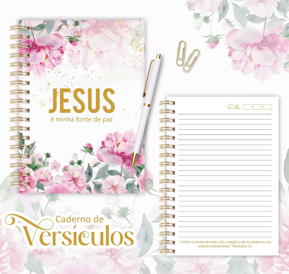 Caderno Digital Versículos Bíblicos com 130 Páginas PDF 2 Caderno espiralado com estampa de flores cor de rosa e uma caneta branca