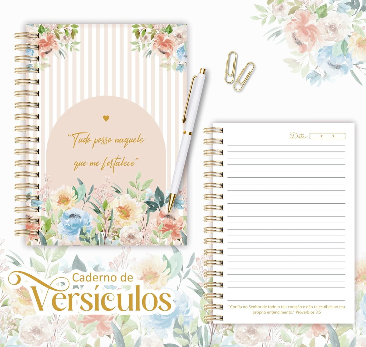 Caderno Digital Versículos Bíblicos com 130 Páginas PDF 3 Caderno espiral com capa floral, caneta branca e páginas pautadas sobre fundo branco