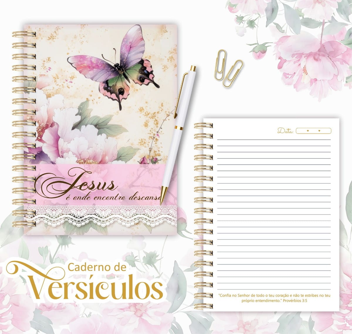 Caderno Digital Versículos Bíblicos com 130 Páginas PDF 1 Caderno espiral com capa decorada com borboleta e flores, caneta e página pautada aberta.