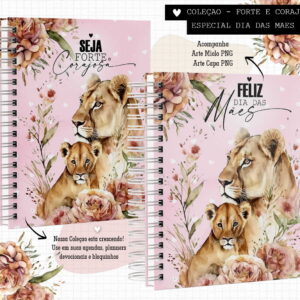 Arte digital (não física) de capa com leoa, filhote, flores e fundo rosa.