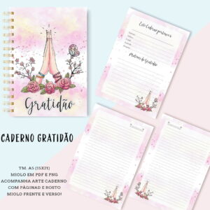 Arte digital de caderno de gratidão com capa e miolo florais.