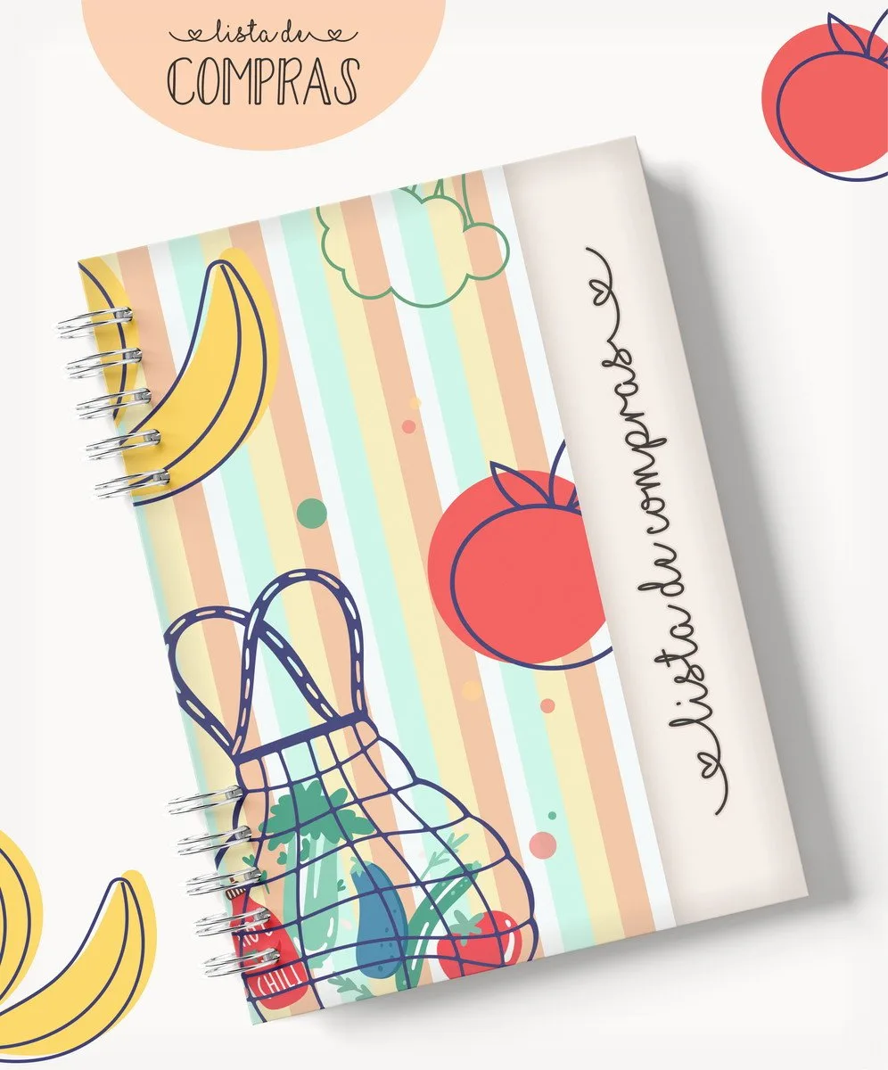 Caderno espiral com capa ilustrada com frutas e sacola de compras colorida.