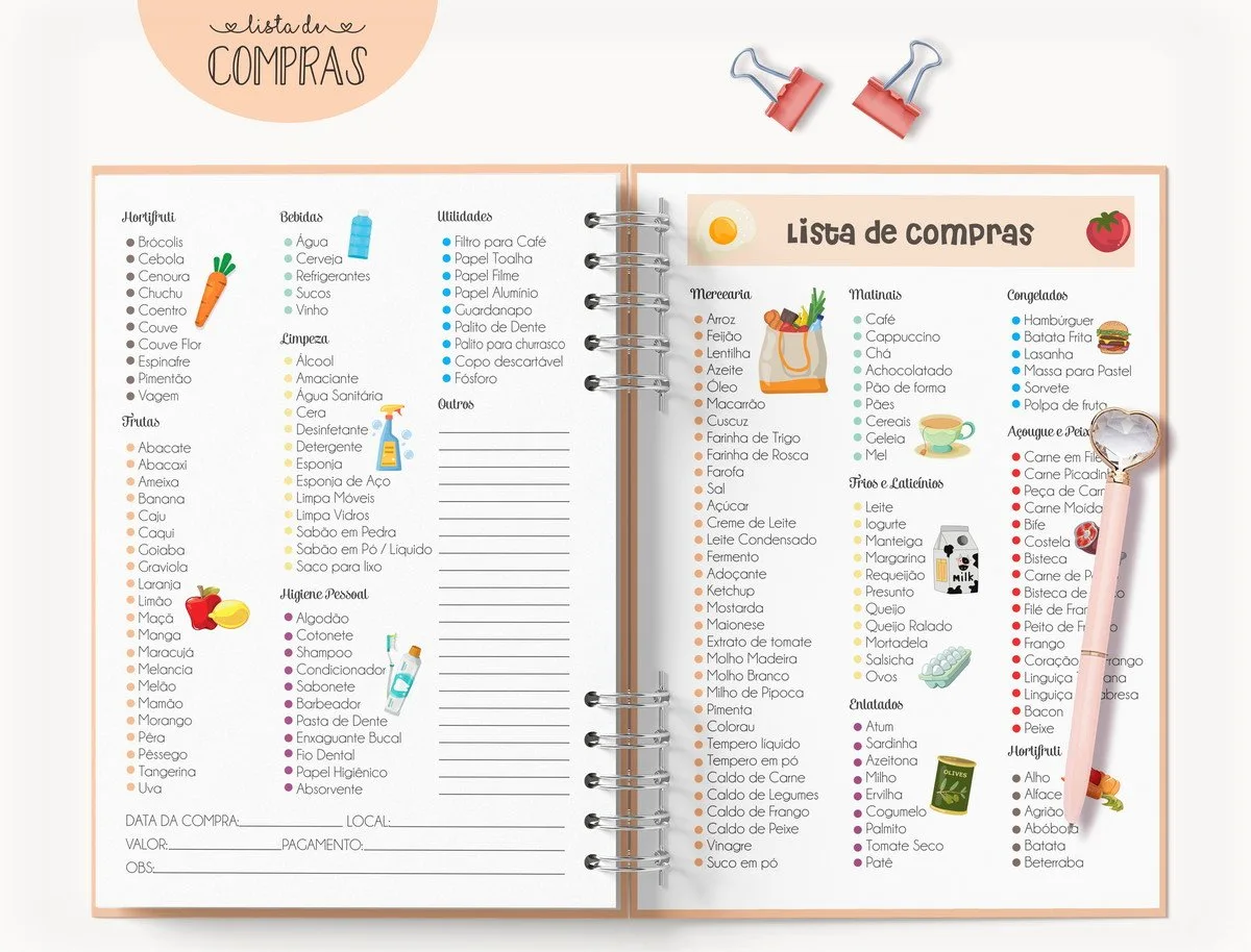 Caderno aberto exibindo listas de compras detalhadas organizadas por categorias de supermercado.