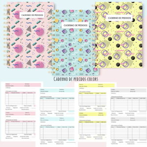 Arte digital: Três cadernos de pedidos coloridos com formulários detalhados.
