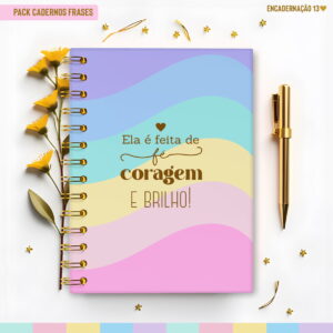 Kit Caderno Pautado Motivacional para Encadernação 7 Arte digital de capa de caderno com ondas pastel e frase 'fé coragem e brilho'.
