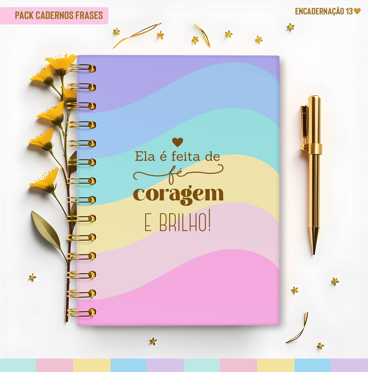 Kit Caderno Pautado Motivacional para Encadernação 1 Arte digital de capa de caderno com ondas pastel e frase 'fé coragem e brilho'.