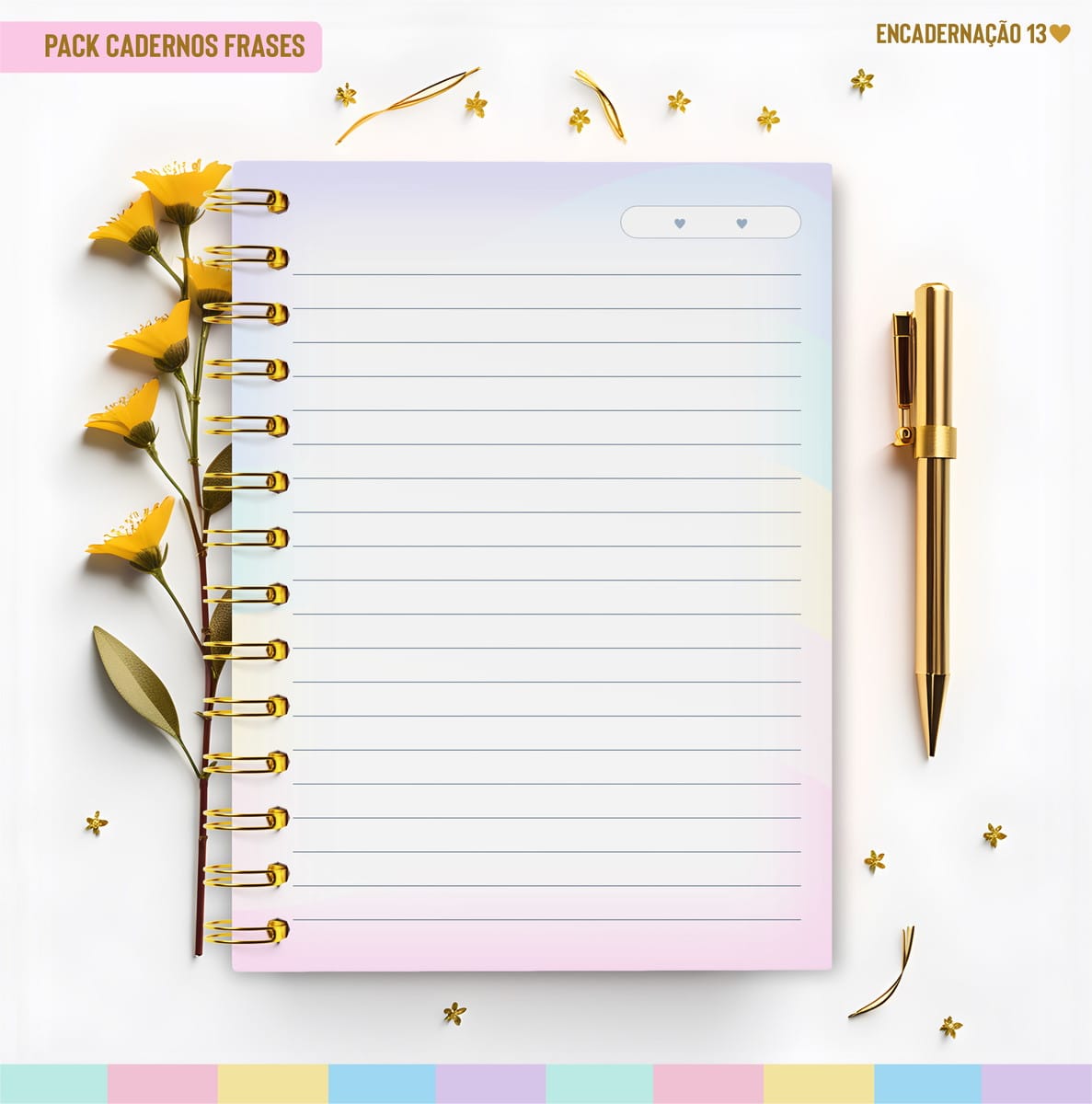 Kit Caderno Pautado Motivacional para Encadernação 4 Arte digital: caderno espiralado, caneta, flores, com textos "Pack Cadernos Frases".