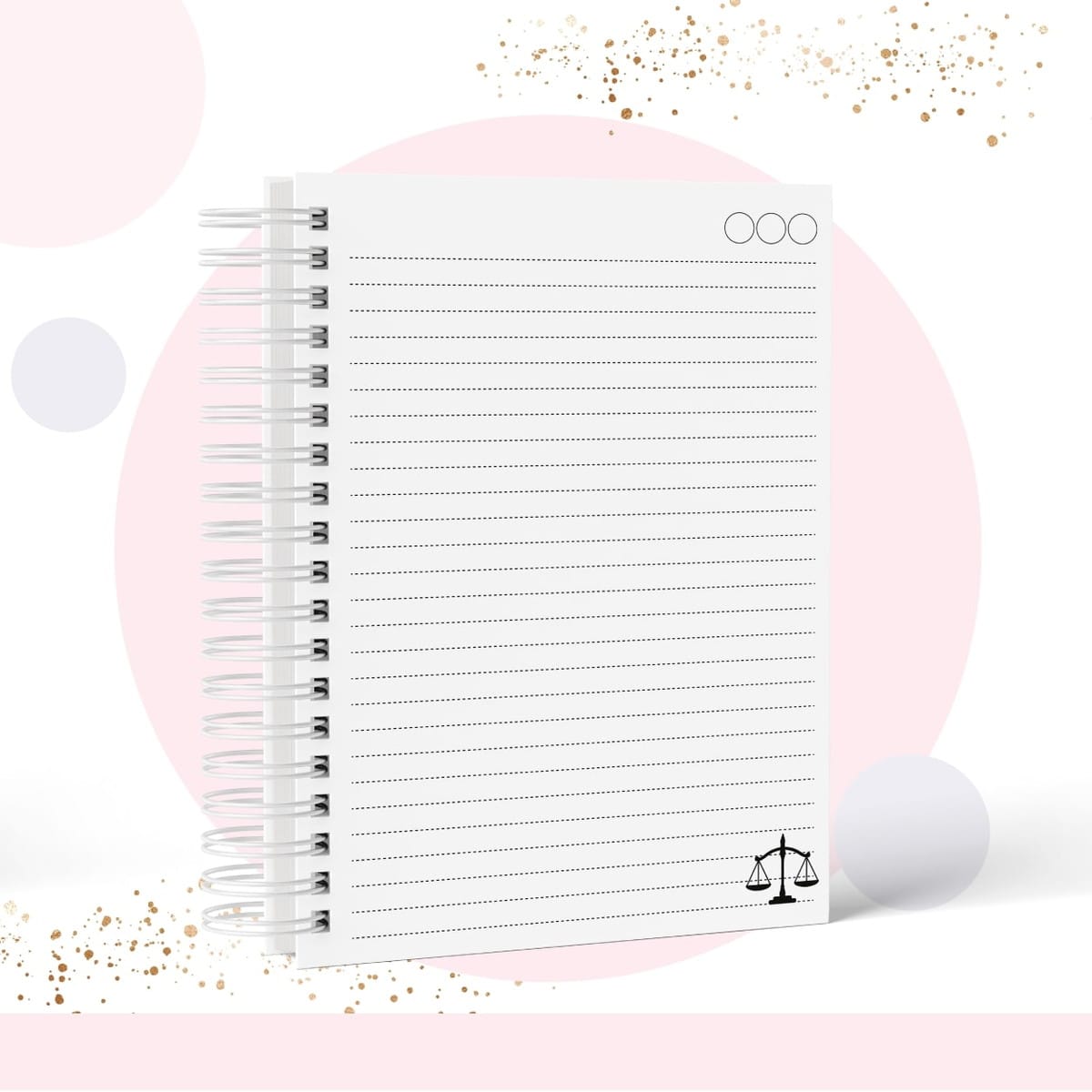 Kit digital caderno pautado tema Direito personalizável 2 Arte digital de caderno espiral branco com página pautada e símbolo da justiça.