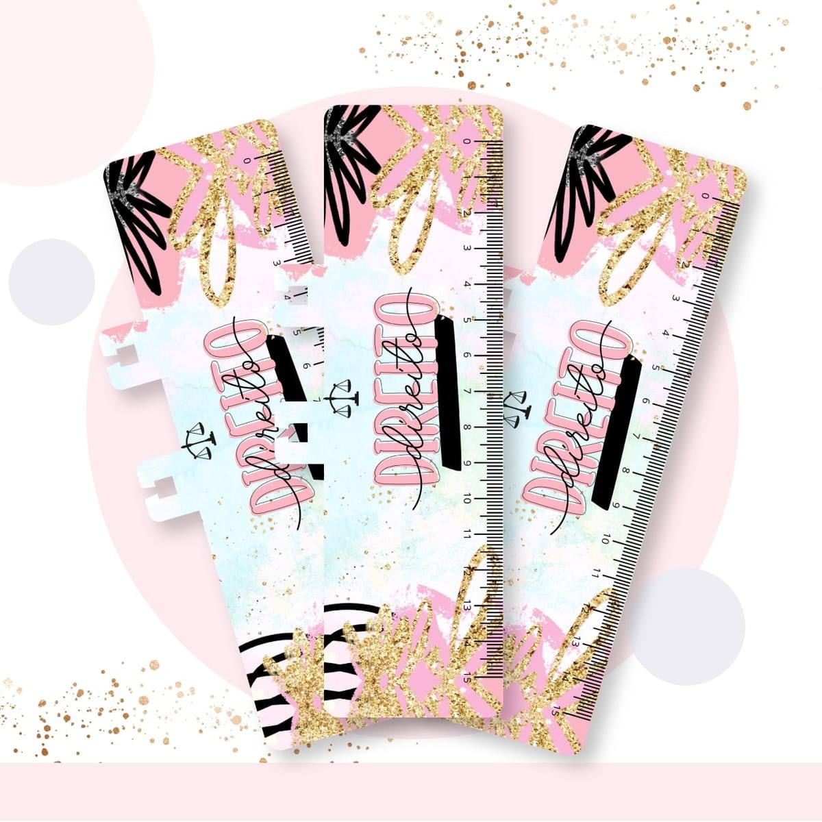 Kit digital caderno pautado tema Direito personalizável 3 Três réguas digitais com tema de Direito, design rosa, azul, dourado e preto.