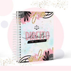 Arte digital de capa de planner com tema de Direito, cores vibrantes e brilho.