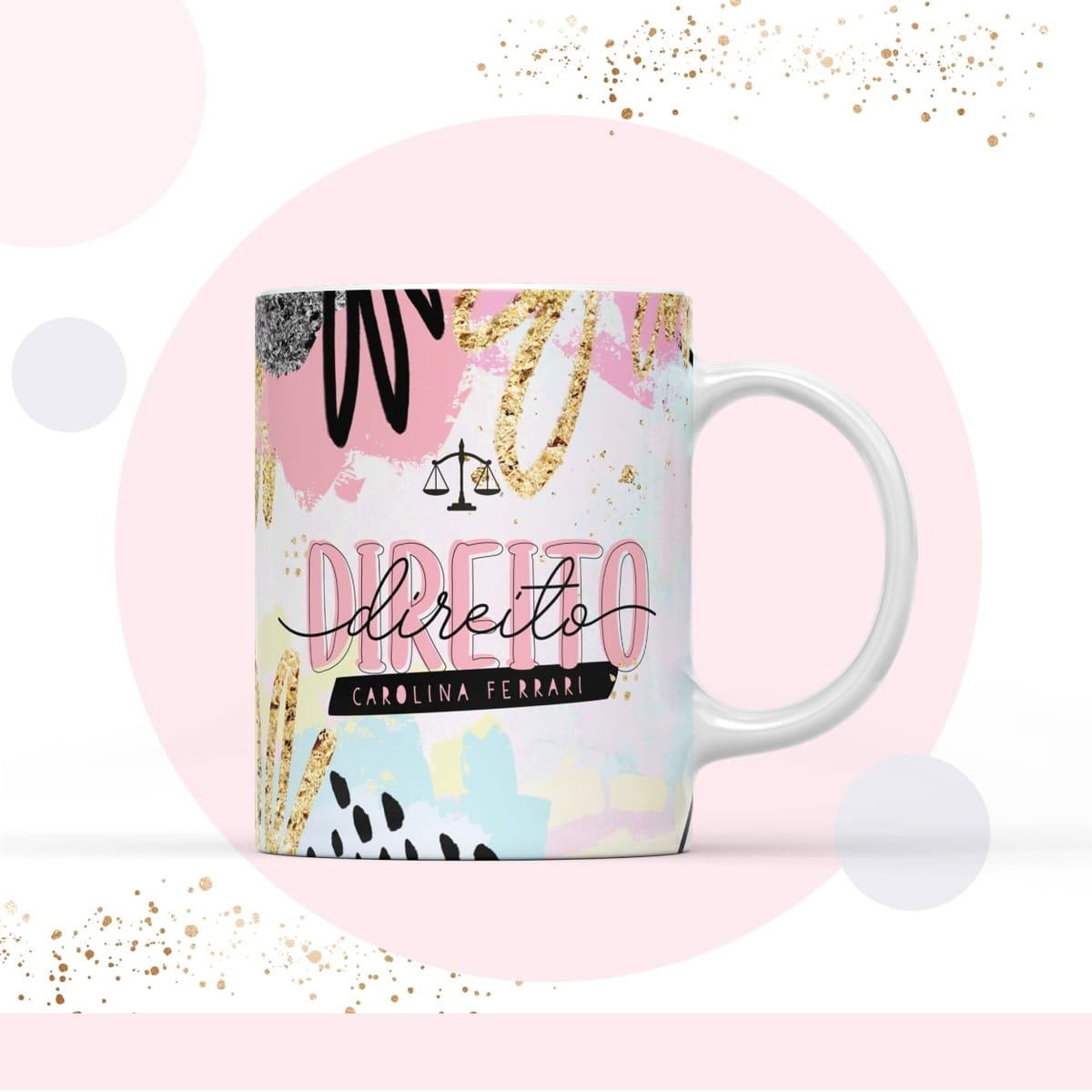 Kit digital caderno pautado tema Direito personalizável 4 Arte digital abstrata para caneca, tema direito, com balança e escrita.