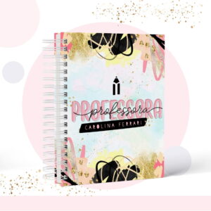 Kit Digital Caderno Pautado Professora para Imprimir 10 Arte digital de capa de caderno com "PROFESSORA" e design abstrato colorido.