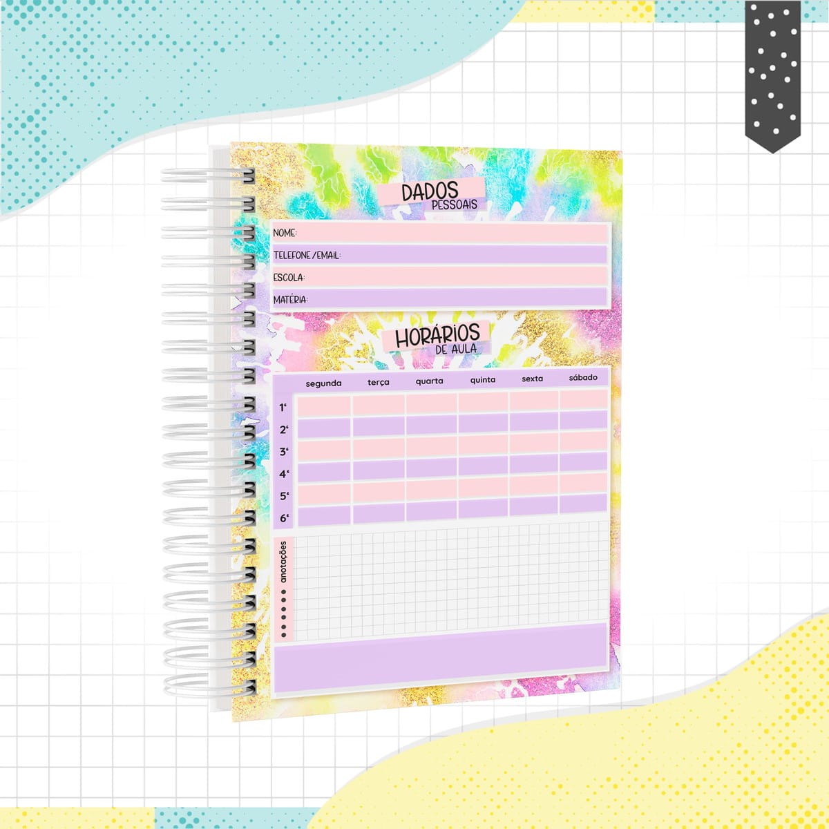 Caderno Digital TieDye A5 e Universitário para Imprimir 2 Agenda digital colorida com horários de aula, dados pessoais e anotações visíveis.