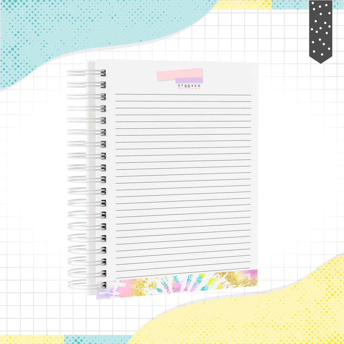 Caderno Digital TieDye A5 e Universitário para Imprimir 3 Caderno espiral digital com capa branca, detalhes coloridos e linhas pautadas.