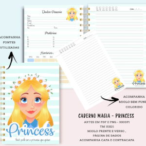Arte digital de caderno com tema princesa, incluindo capa e páginas internas ilustradas.