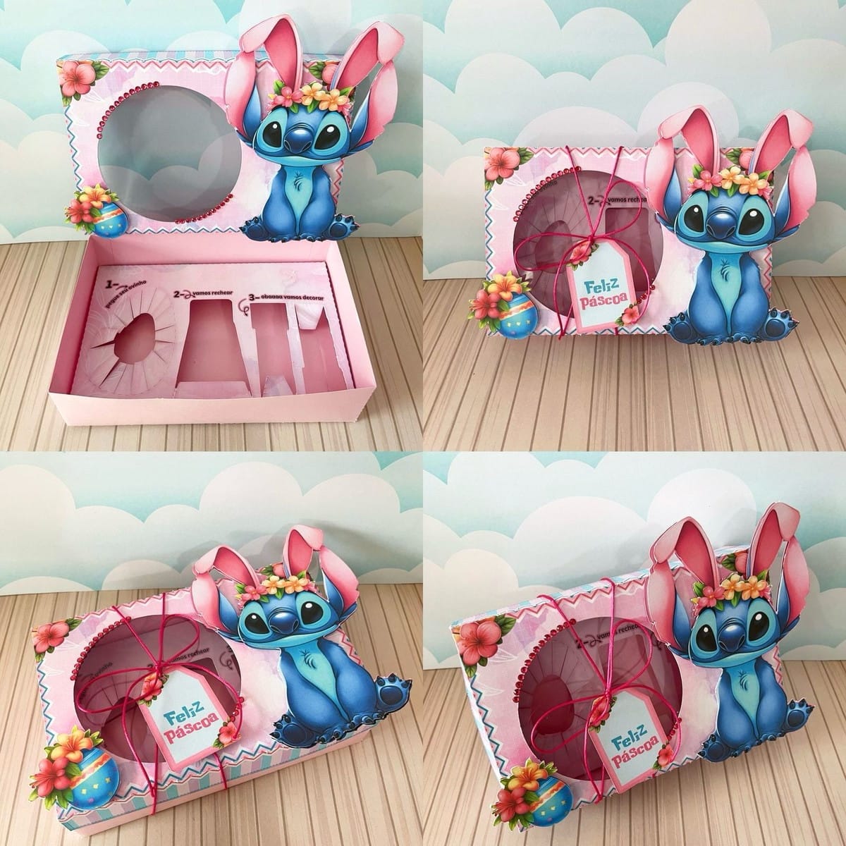 Caixa Mini Confeiteiro Stitch Rosa pronta para imprimir 1 Caixa rosa decorada de Páscoa com personagem azul com orelhas de coelho.