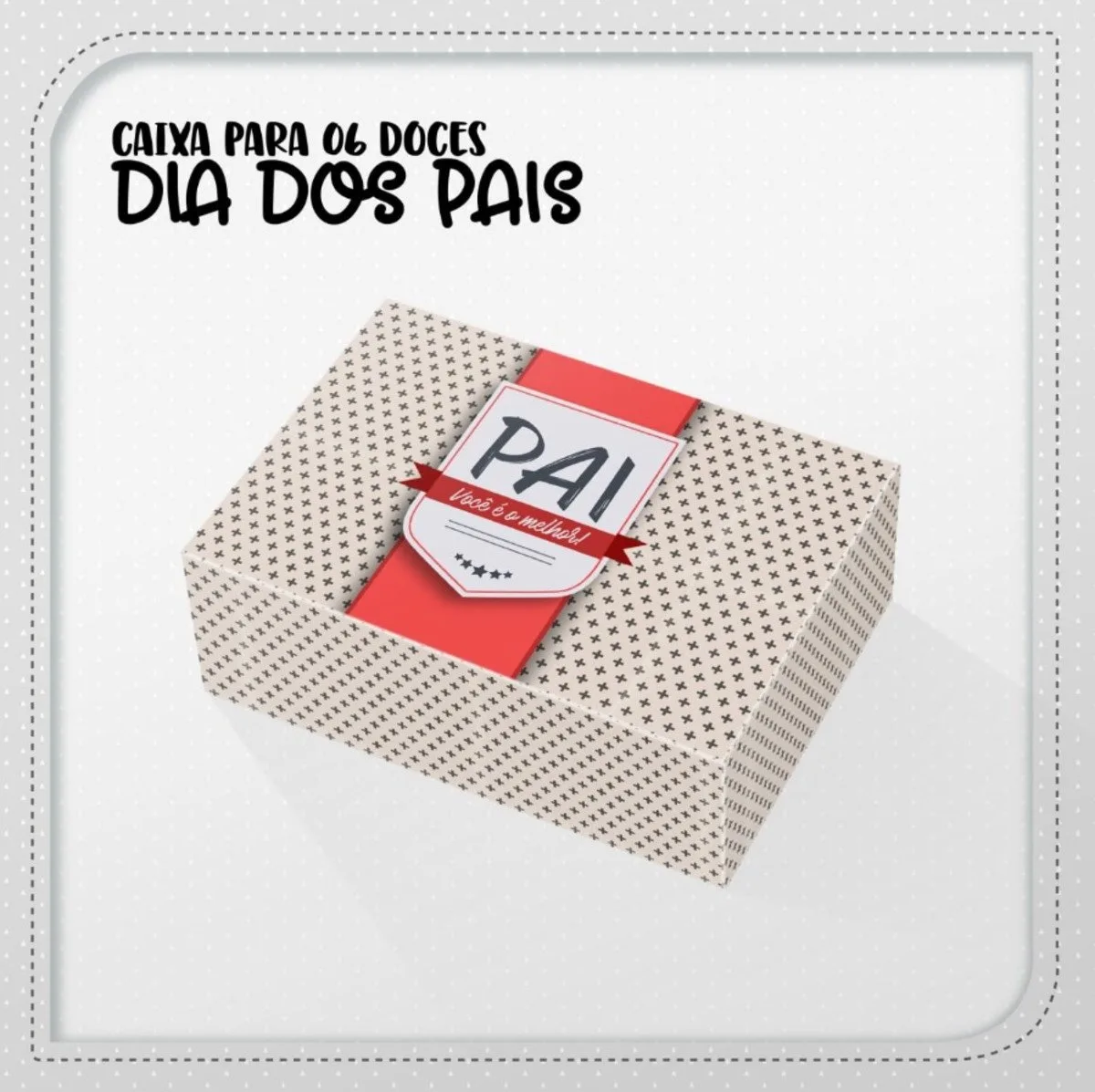 Caixa estampada com padronagem de cruzes e faixa vermelha escrita pai e frase