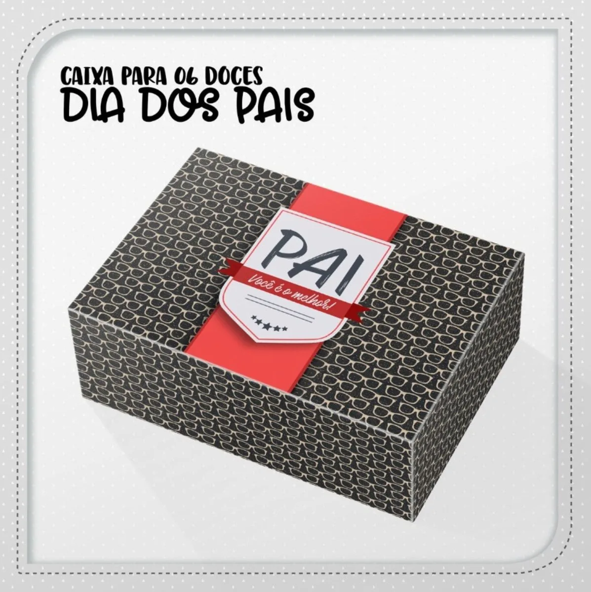 Caixa quadrada preta com estampa de óculos e faixa decorativa vermelha centralizada.