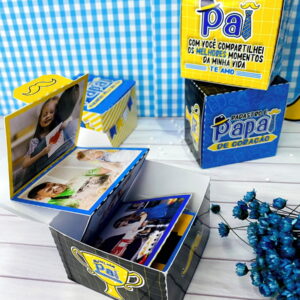 Arte digital de caixas decorativas para o Dia dos Pais com fotos e mensagens.