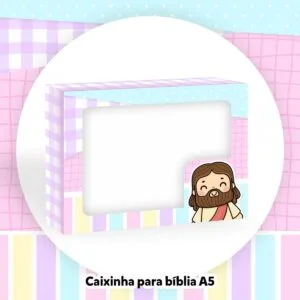 Caixa retangular com estampa quadriculada, tons pastéis e desenho de Jesus em estilo cartoon.