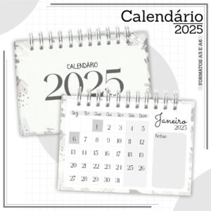 Arte digital de calendário 2025, mostrando janeiro e formatos A5/A6.