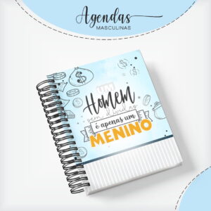 Agenda azul espiralada com frases e ilustrações financeiras impressas na capa.