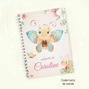 Caderneta com espiral decorada com ilustrações de borboletas em tons pastéis e flores.