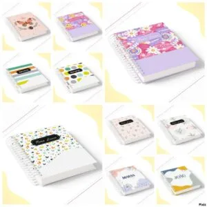 Várias capas de cadernos espirais com diferentes estampas coloridas e nomes personalizados impressos.